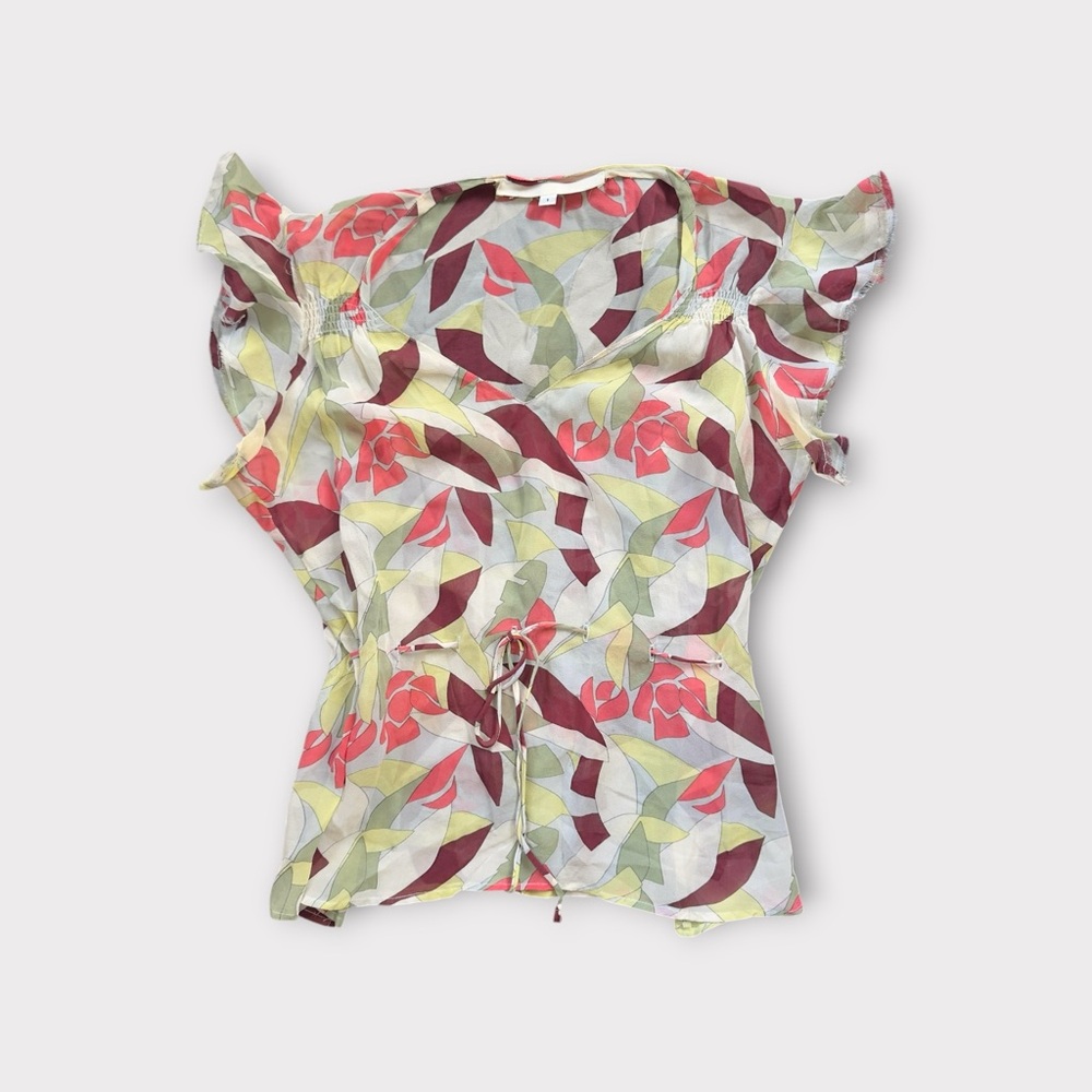 • Designer Erica Tanov Leaf Print Ruffle Sleeve 100% Silk Blouse